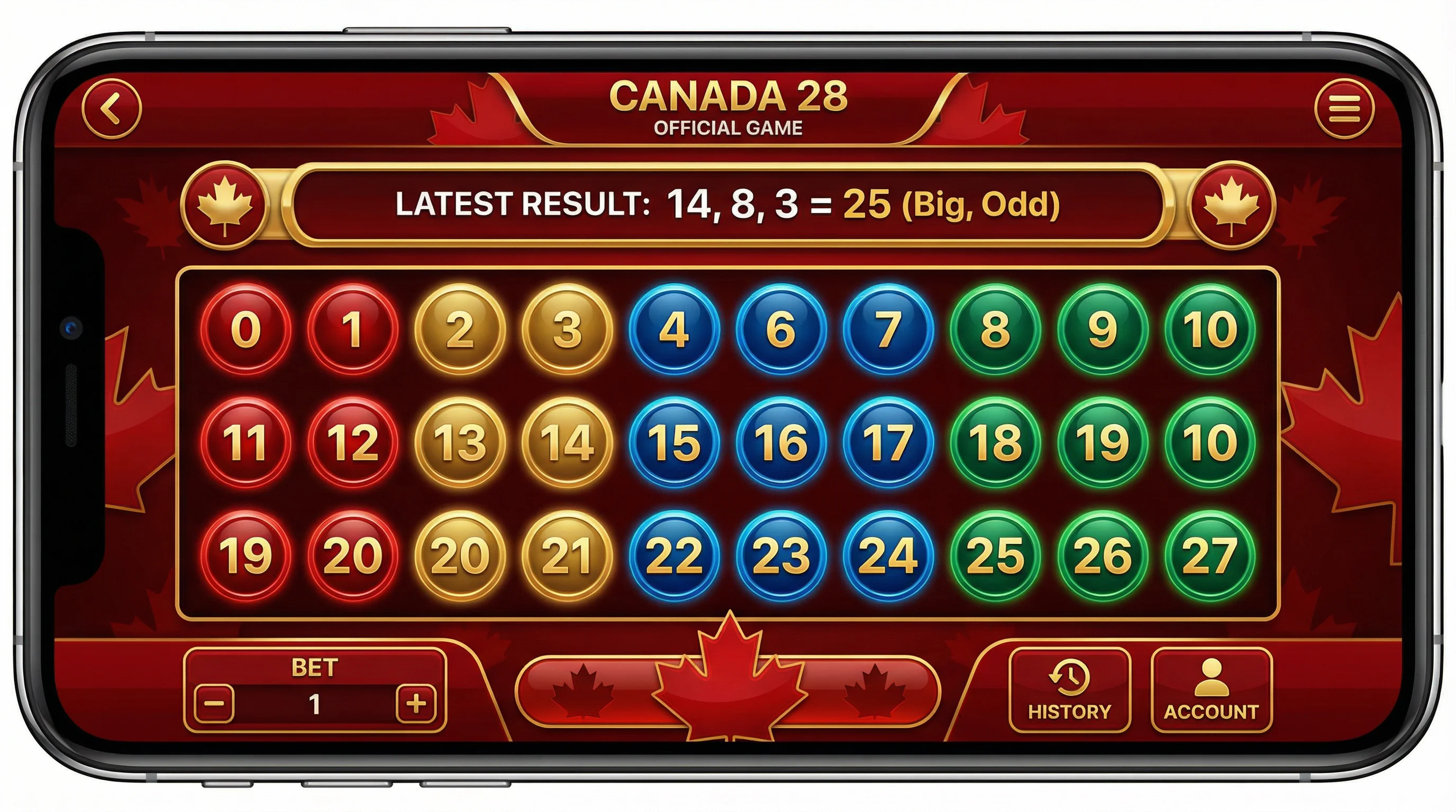 加拿大28游戏界面展示数字网格和开奖结果